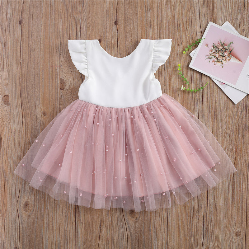 Girl Pink & White Pearl Embellished Tulle Dress (Age 12M-7YRS)