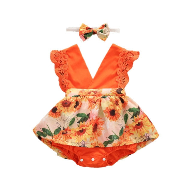 Baby Floral Print Romper & Headband (Age Newborn - 12M HPL41 Orange