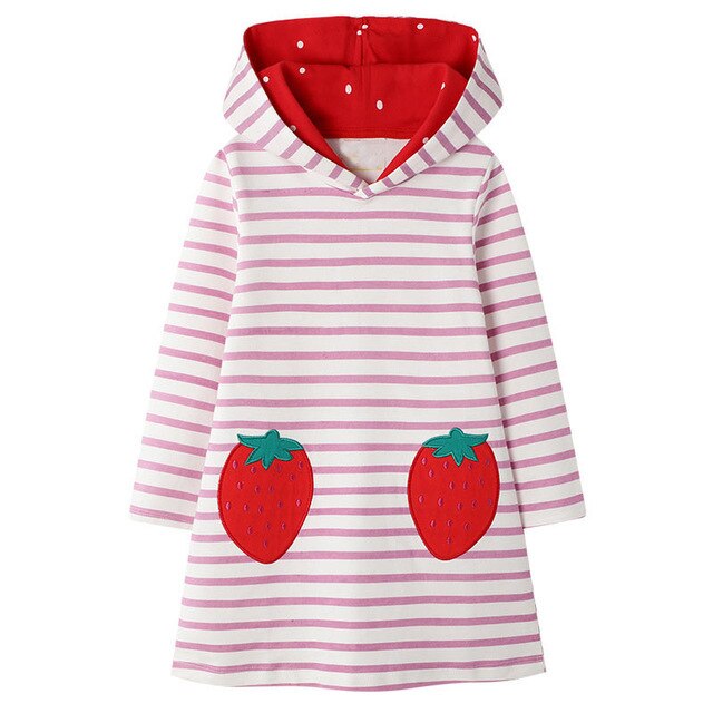 Girls Pink Stripe Strawberry Hooded Dress (Age 3Y-8Y)