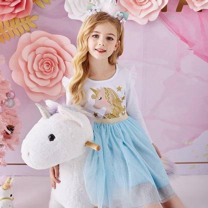 Girls Blue Unicorn Long Sleeve Tulle Dress (Age 3Y-8Y)