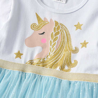 Girls Blue Unicorn Long Sleeve Tulle Dress (Age 3Y-8Y)