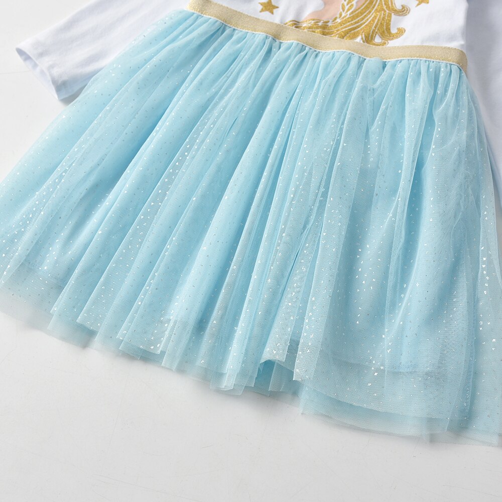 Girls Blue Unicorn Long Sleeve Tulle Dress (Age 3Y-8Y)