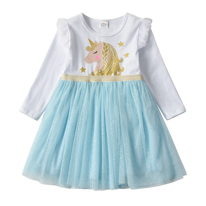 Girls Blue Unicorn Long Sleeve Tulle Dress (Age 3Y-8Y)