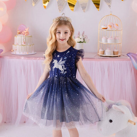 Girls Navy Unicorn Tulle Dress (3Y-8Y) Navy