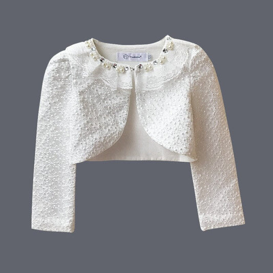 Girls Pearl & Crystal Embellished Cropped Jacket (Age 24M-12YRS)