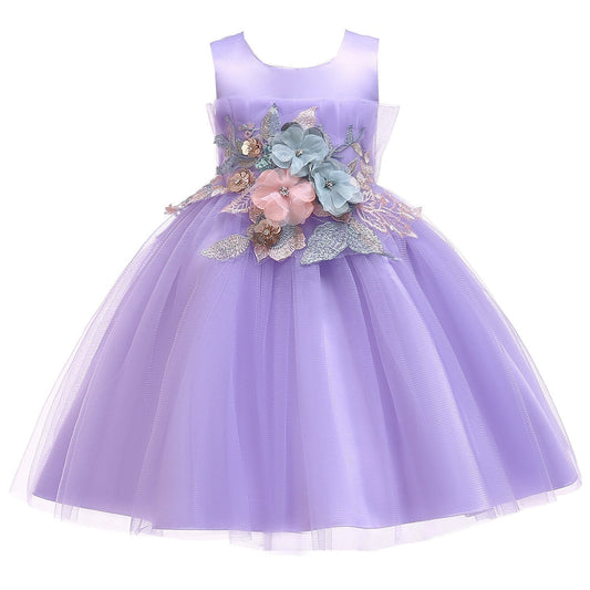 Girls Floral AppliquÃ© Tulle Dress (Age 4-12YRS) Purple