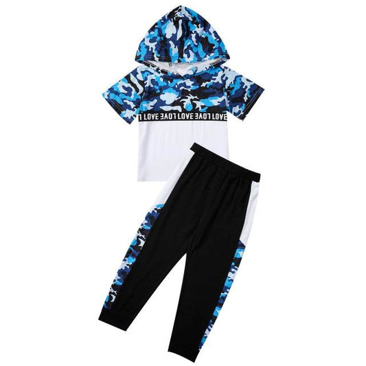 Boys Blue Camoflauge Hooded T-Shirt & Trousers Set (Age 24M-8YRS) Blue