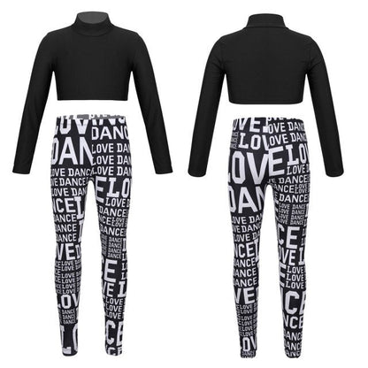 Girls Long Sleeve Crop Top & Printed Leggings Set (Age 6-14YRS) Black