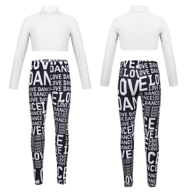 Girls Long Sleeve Crop Top & Printed Leggings Set (Age 6-14YRS) White