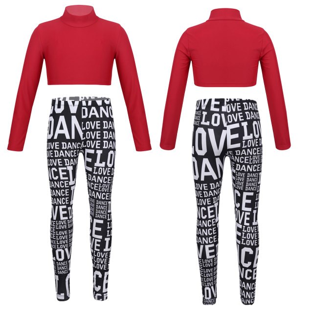 Girls Long Sleeve Crop Top & Printed Leggings Set (Age 6-14YRS) Red