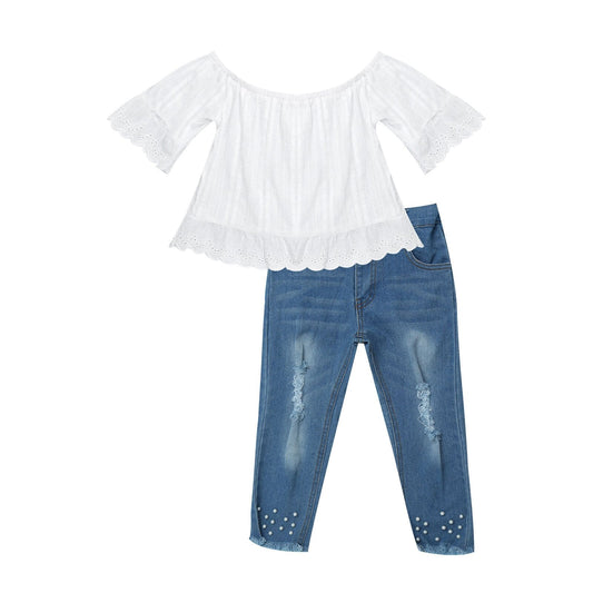 Girls White Bardot Top & Jeans Set (Age 24M-14YRS)