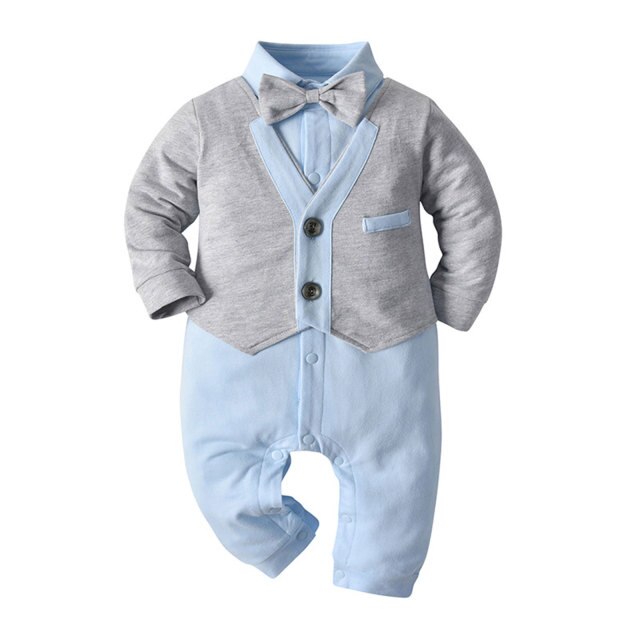 Baby Boys Grey & Blue Dickie Bow Jumpsuit (Age Newborn-12M) Grey-Blue