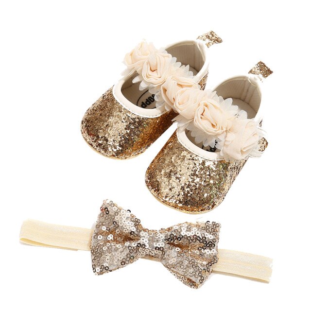 Baby Sequin Shoes & Headband (Age Newborn - 18M) Gold