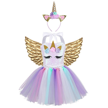 Girls Unicorn Sequin Tulle Dress Wings & Headband (Age 24M-12YRS)