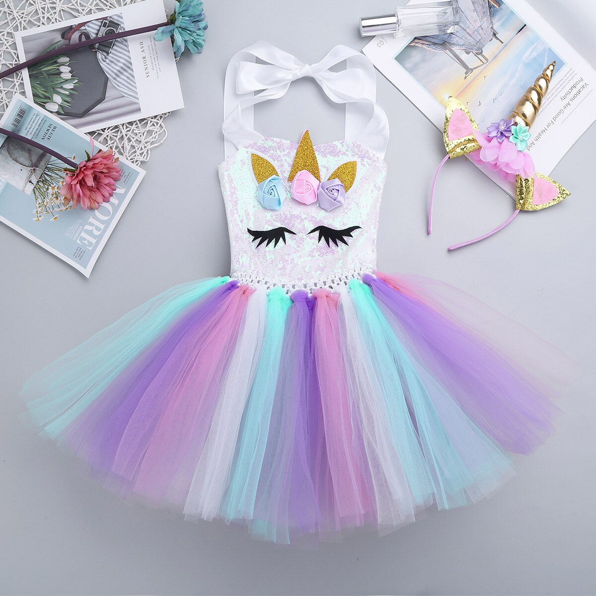 Girls Unicorn Sequin Tulle Dress Wings & Headband (Age 24M-12YRS)