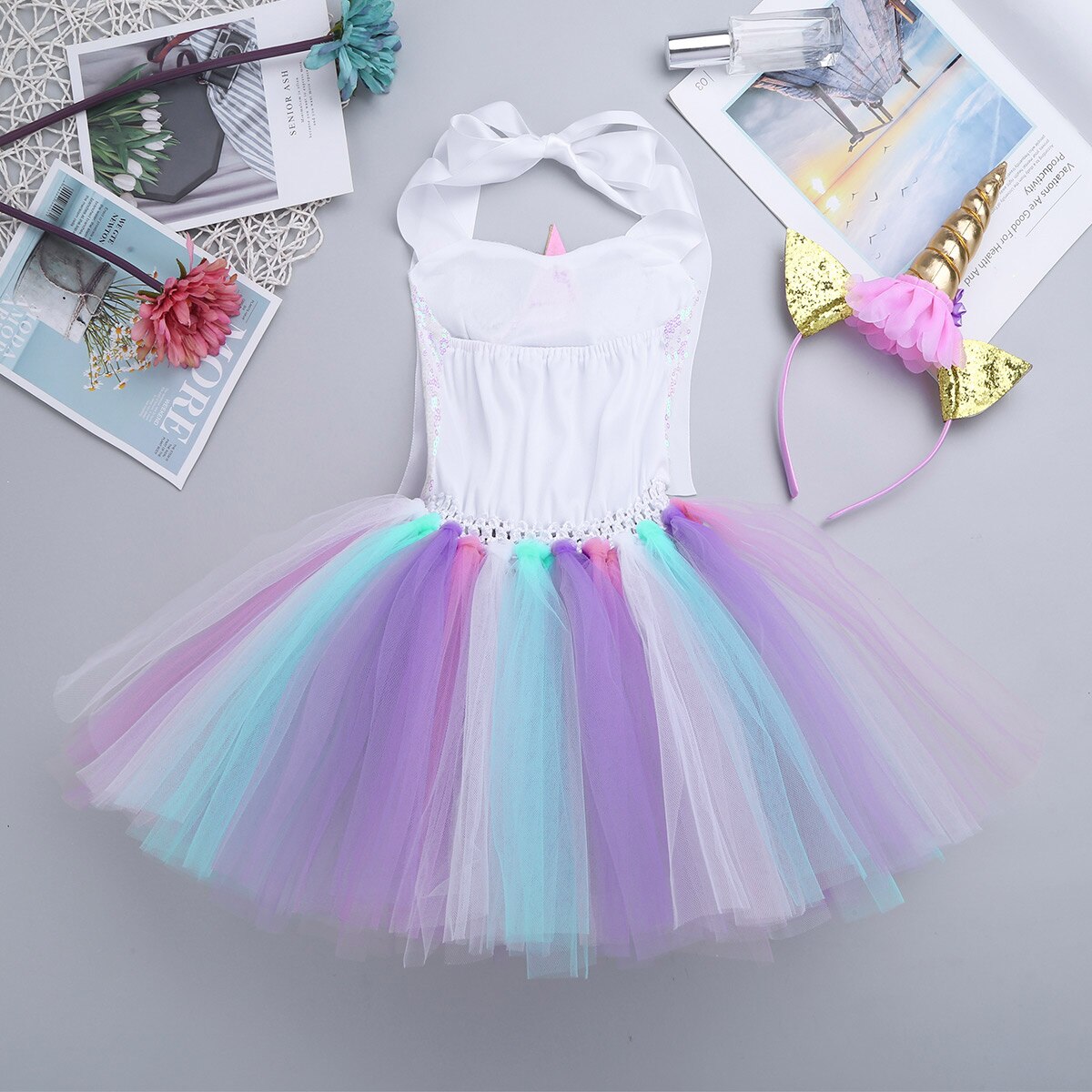 Girls Unicorn Sequin Tulle Dress Wings & Headband (Age 24M-12YRS)