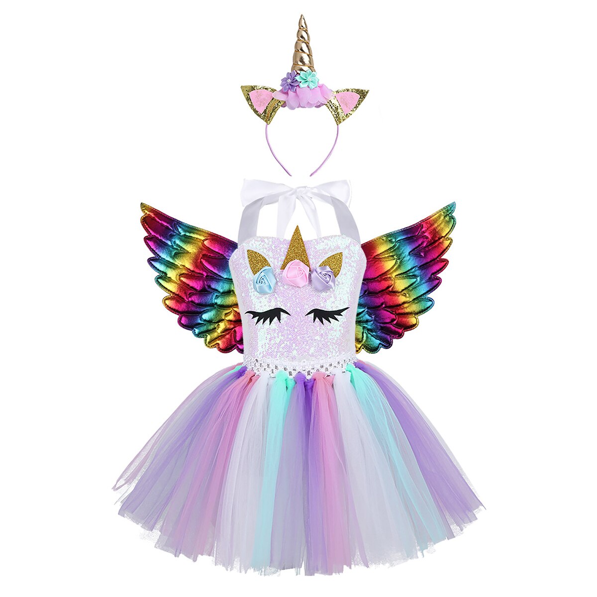 Girls Unicorn Sequin Tulle Dress Wings & Headband (Age 24M-12YRS)