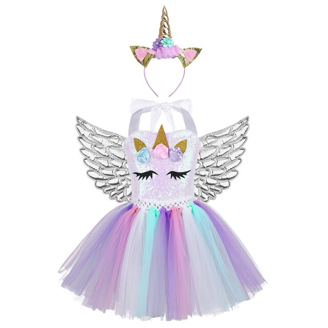 Girls Unicorn Sequin Tulle Dress Wings & Headband (Age 24M-12YRS) Multi Silver