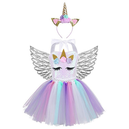 Girls Unicorn Sequin Tulle Dress Wings & Headband (Age 24M-12YRS) Multi Silver