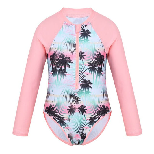 Girls Long Sleeve Floral Print Swimsuit (Age 4-16YRS) Pink-Black