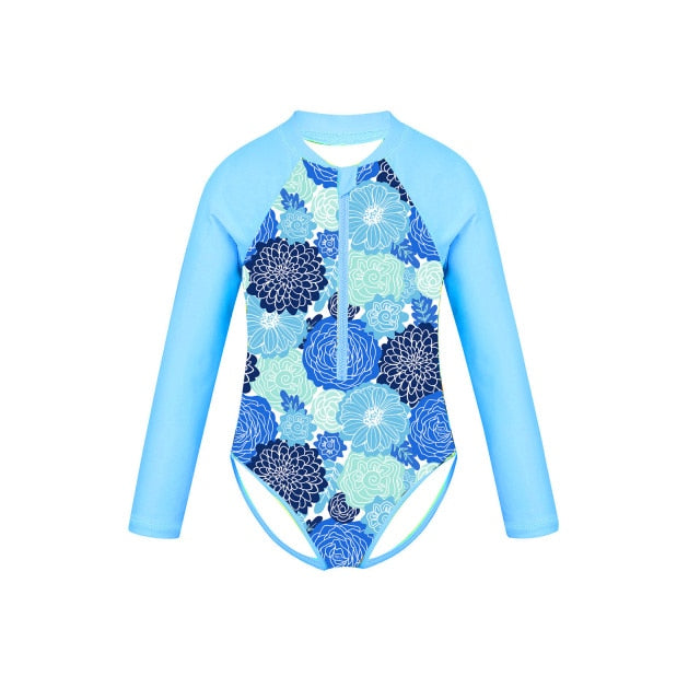 Girls Long Sleeve Floral Print Swimsuit (Age 4-16YRS) Blue