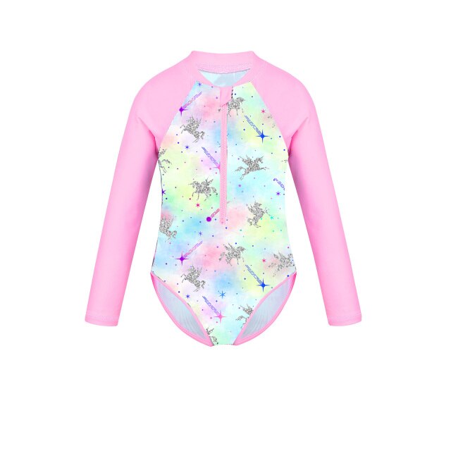 Girls Long Sleeve Floral Print Swimsuit (Age 4-16YRS) Pink-Green