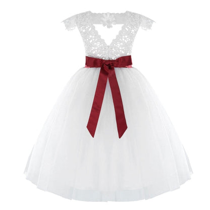 Girls White Tulle Dress & Bow Belt (Age 24M-16YRS) Burgundy