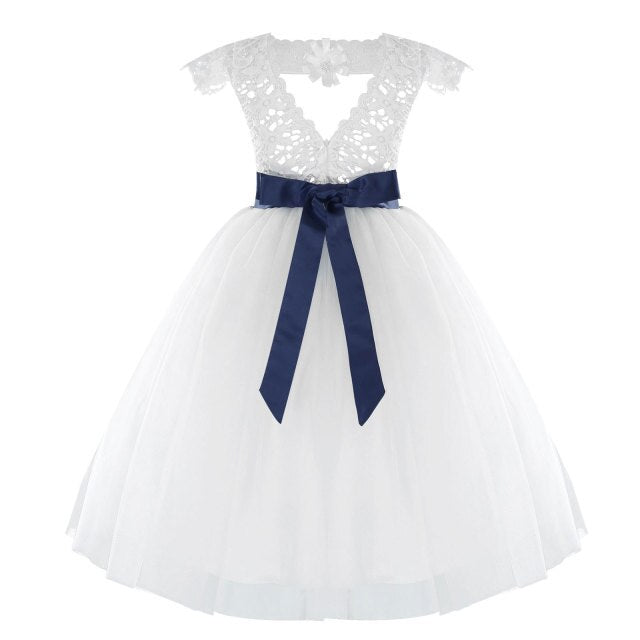 Girls White Tulle Dress & Bow Belt (Age 24M-16YRS) Dark Blue