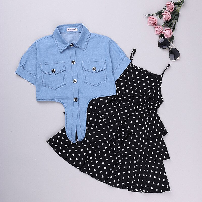 Girls Polka Layered Dress & Denim Blouse Set (Age 4YRS-12YRS)