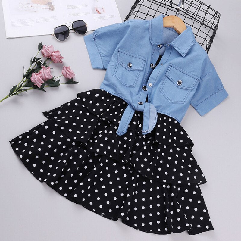 Girls Polka Layered Dress & Denim Blouse Set (Age 4YRS-12YRS)