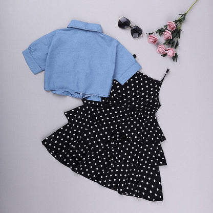 Girls Polka Layered Dress & Denim Blouse Set (Age 4YRS-12YRS)