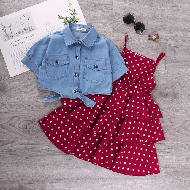 Girls Polka Layered Dress & Denim Blouse Set (Age 4YRS-12YRS) Red