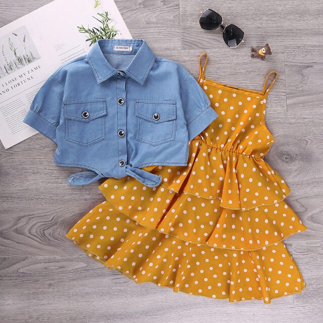 Girls Polka Layered Dress & Denim Blouse Set (Age 4YRS-12YRS) Yellow