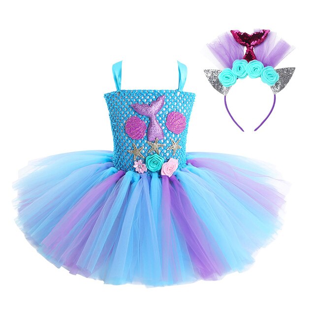 Girls 3D Mermaid Princess Costume Tulle Dress (Age 24M-12Y) Light Blue