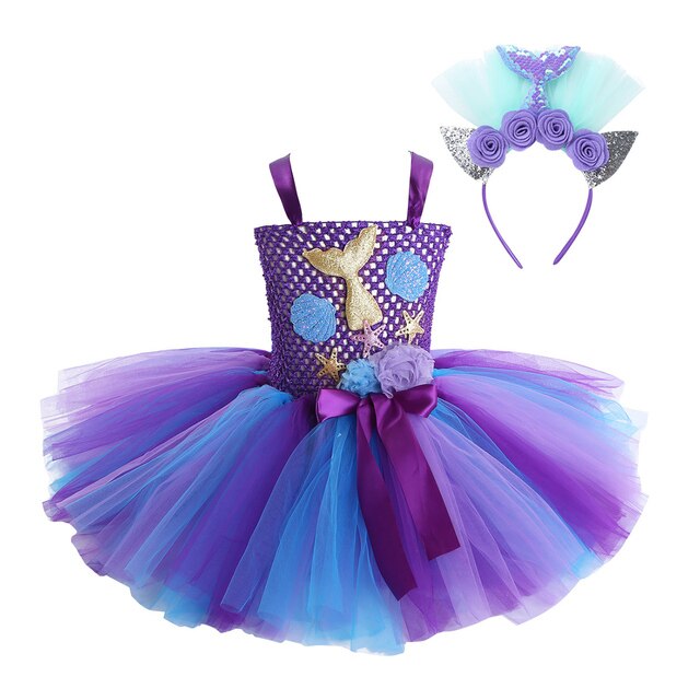 Girls 3D Mermaid Princess Costume Tulle Dress (Age 24M-12Y) Purple