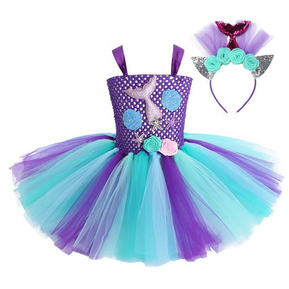 Girls 3D Mermaid Princess Costume Tulle Dress (Age 24M-12Y) Purple Light Blue