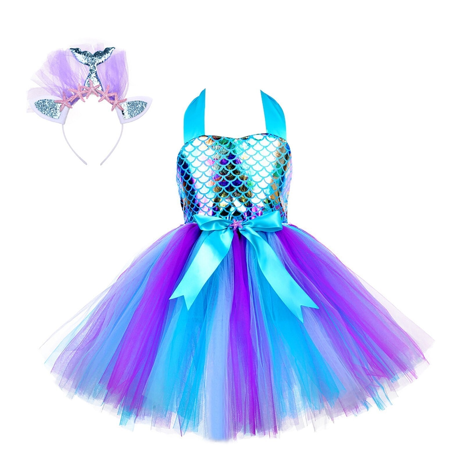 Girls Mermaid Costume Tulle Dress & Headband (Age 12M-8YRS)