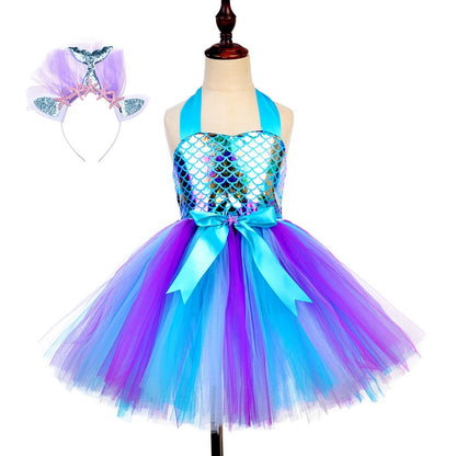 Girls Mermaid Costume Tulle Dress & Headband (Age 12M-8YRS)