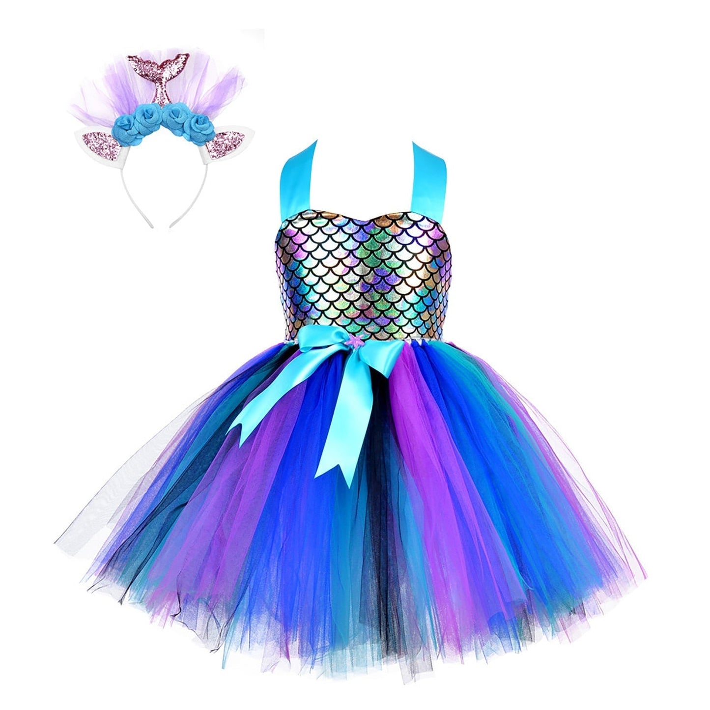 Girls Mermaid Costume Tulle Dress & Headband (Age 12M-8YRS)