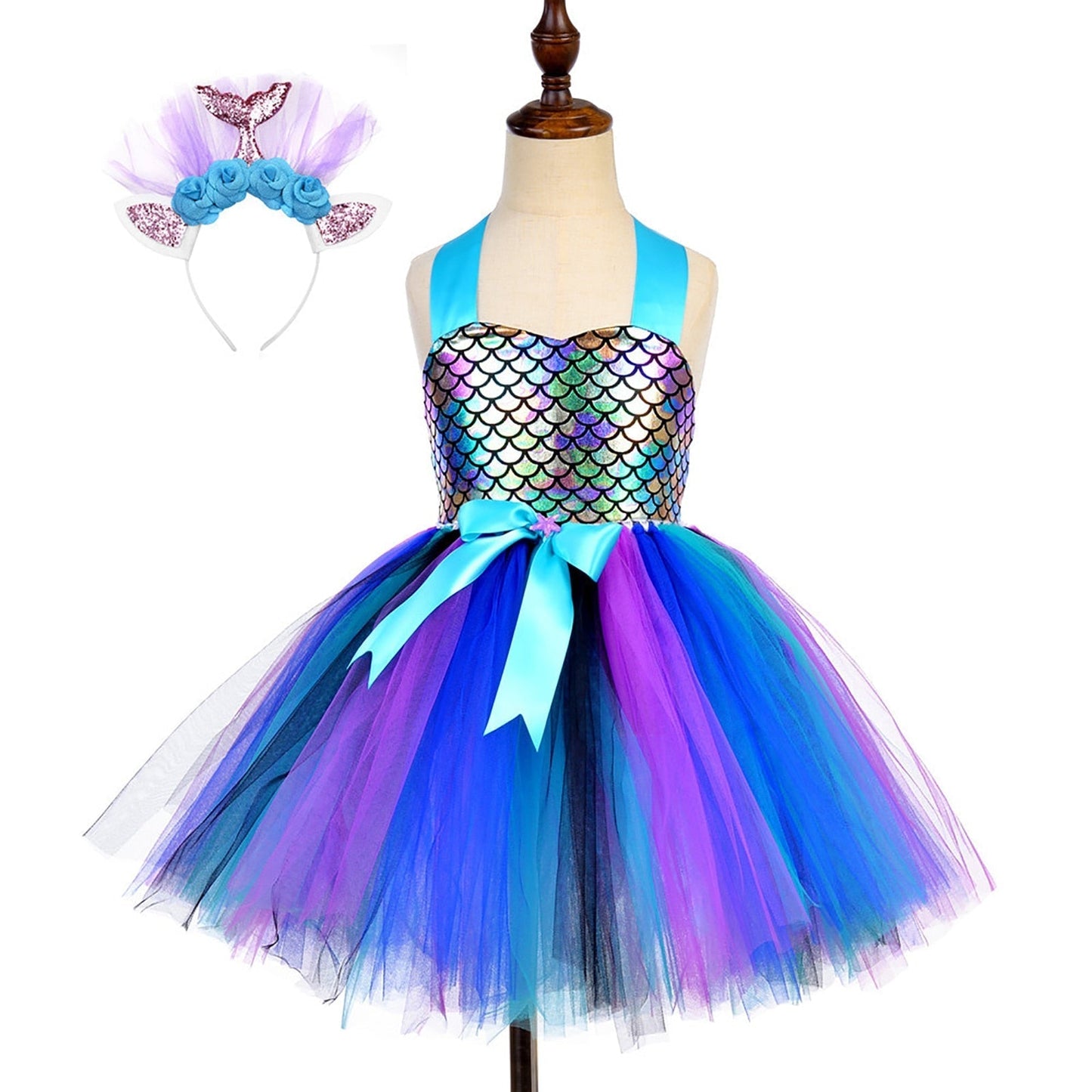 Girls Mermaid Costume Tulle Dress & Headband (Age 12M-8YRS)