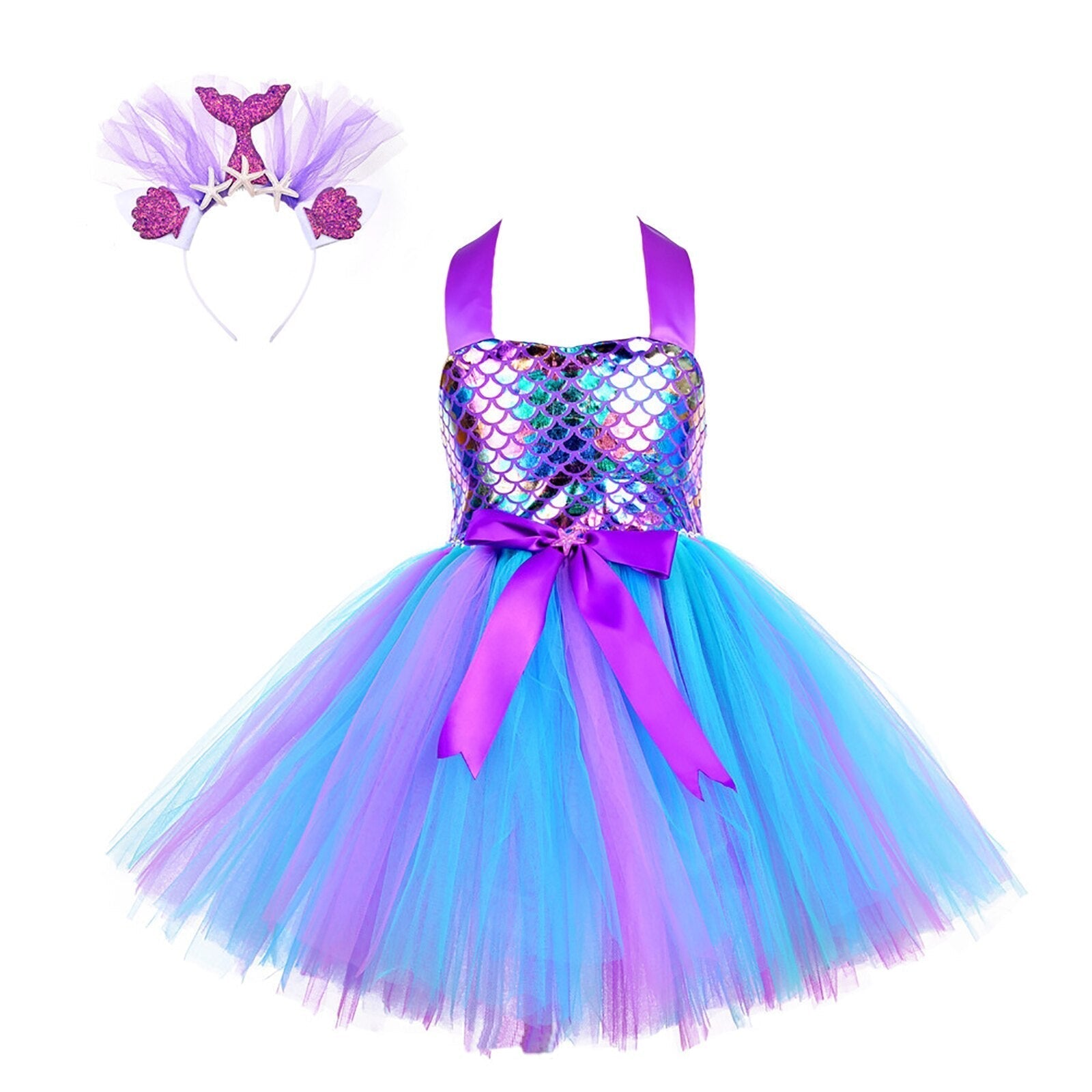 Girls Mermaid Costume Tulle Dress & Headband (Age 12M-8YRS)