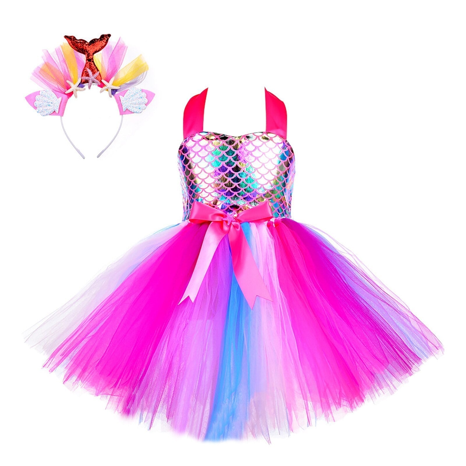 Girls Mermaid Costume Tulle Dress & Headband (Age 12M-8YRS)