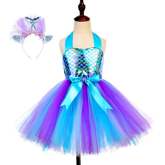 Girls Mermaid Costume Tulle Dress & Headband (Age 12M-8YRS) Blue