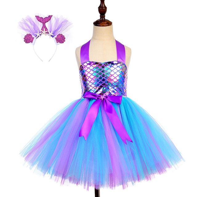 Girls Mermaid Costume Tulle Dress & Headband (Age 12M-8YRS)