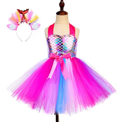 Girls Mermaid Costume Tulle Dress & Headband (Age 12M-8YRS) Pink