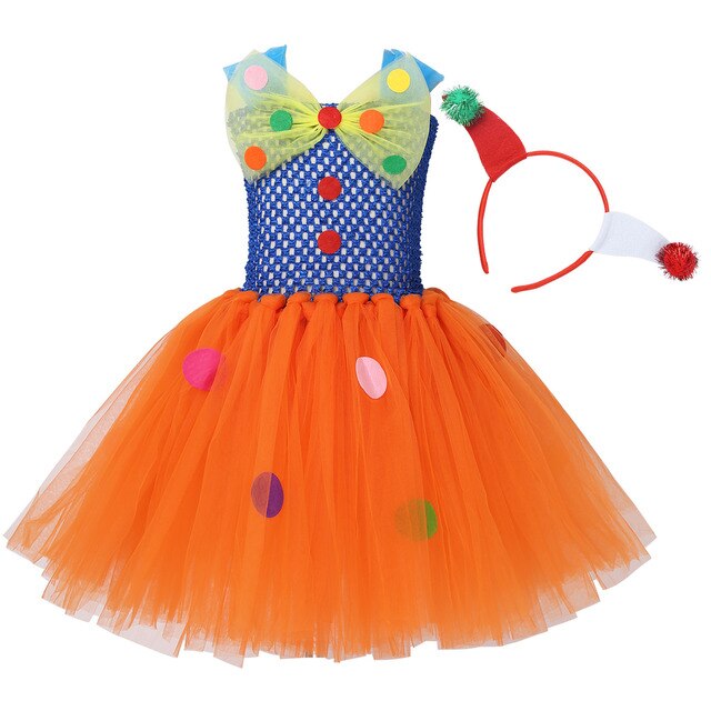 Girls Clown Costume Tulle Dress (Age 24M-12Y) Orange