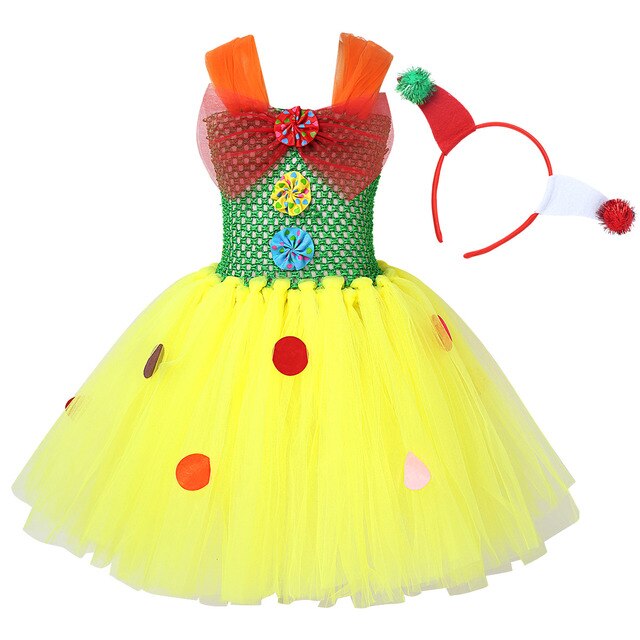 Girls Clown Costume Tulle Dress (Age 24M-12Y) Yellow