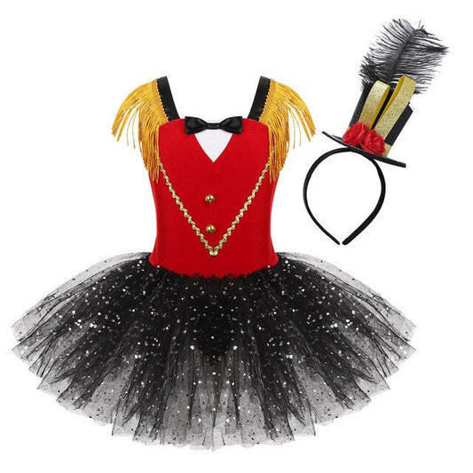 Girls Ringmaster Tulle Costume Dress & Hat (Age 3Y-14Y) Red