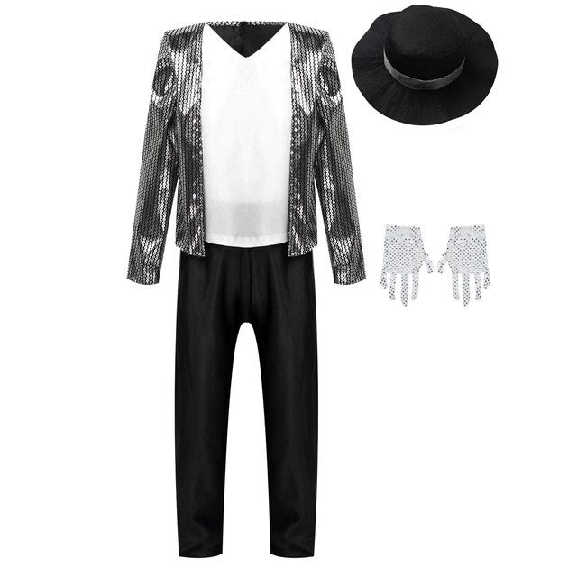 Boys Kids Michael Jackson Costume (Age 3-8YRS) Black Silver