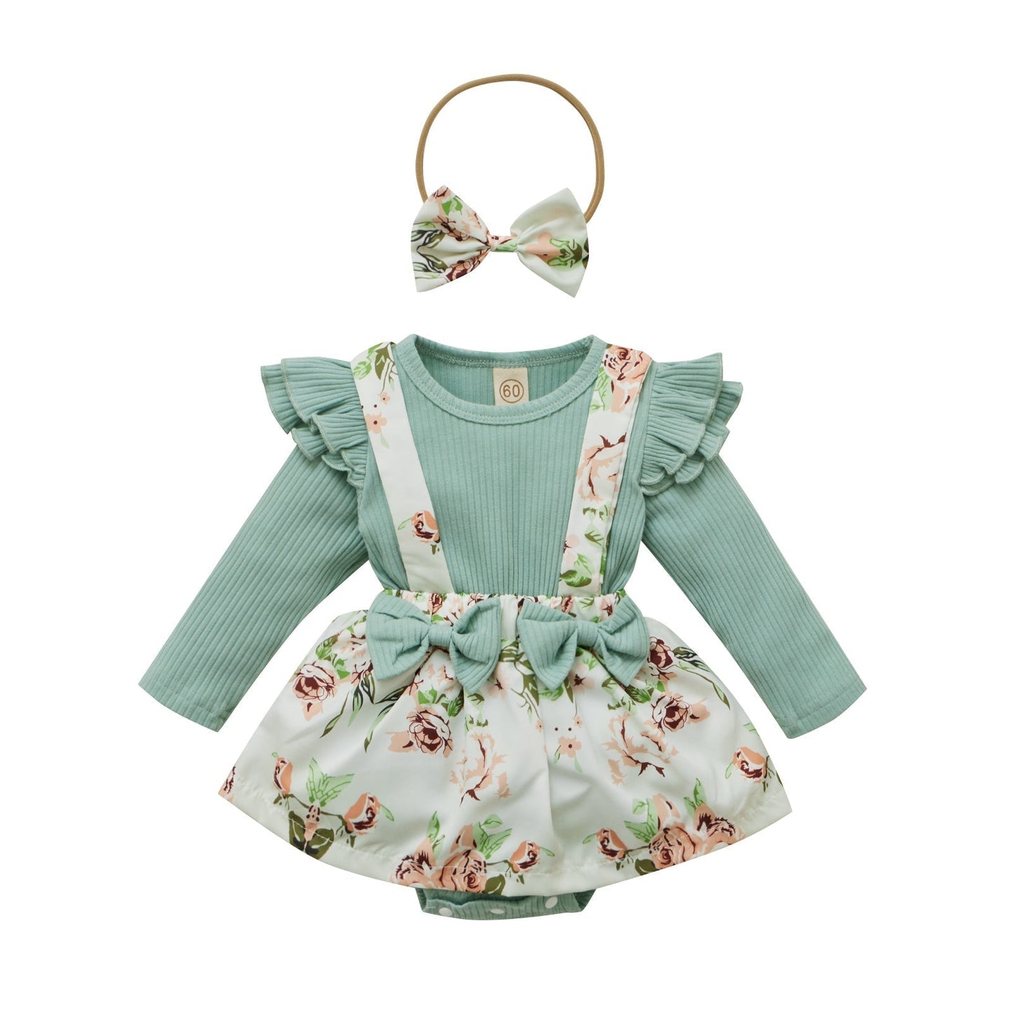 Baby Girls Bodysuit & Floral Pinafore Dress Set (Age Newborn - 24M) Green